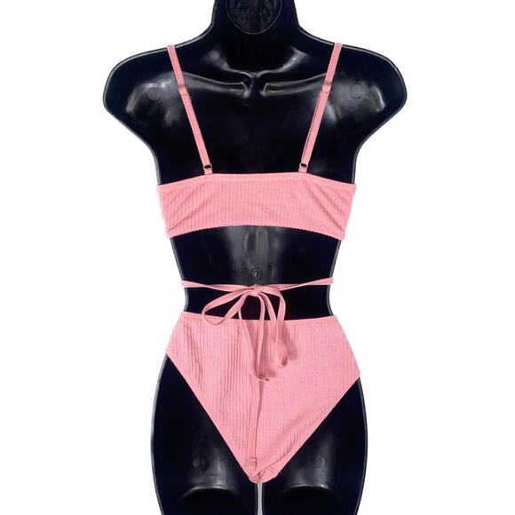 New Medium Pink Ribbed O-Ring Cut-out Open One Piece Swimsuit Strappy Tie Padded - Picture 3 of 5
